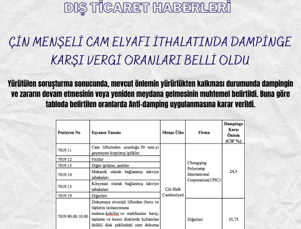 ÇİN MENŞELİ CAM ELYAFI İTHALATINDA DAMPİNGE KARŞI VERGİ ORANLARI BELLİ OLDU