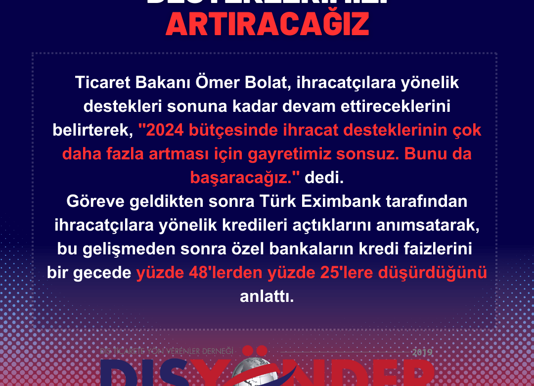2024 bütçesinde ihracat desteklerinin çok daha fazla artması için gayretimiz sonsuz.