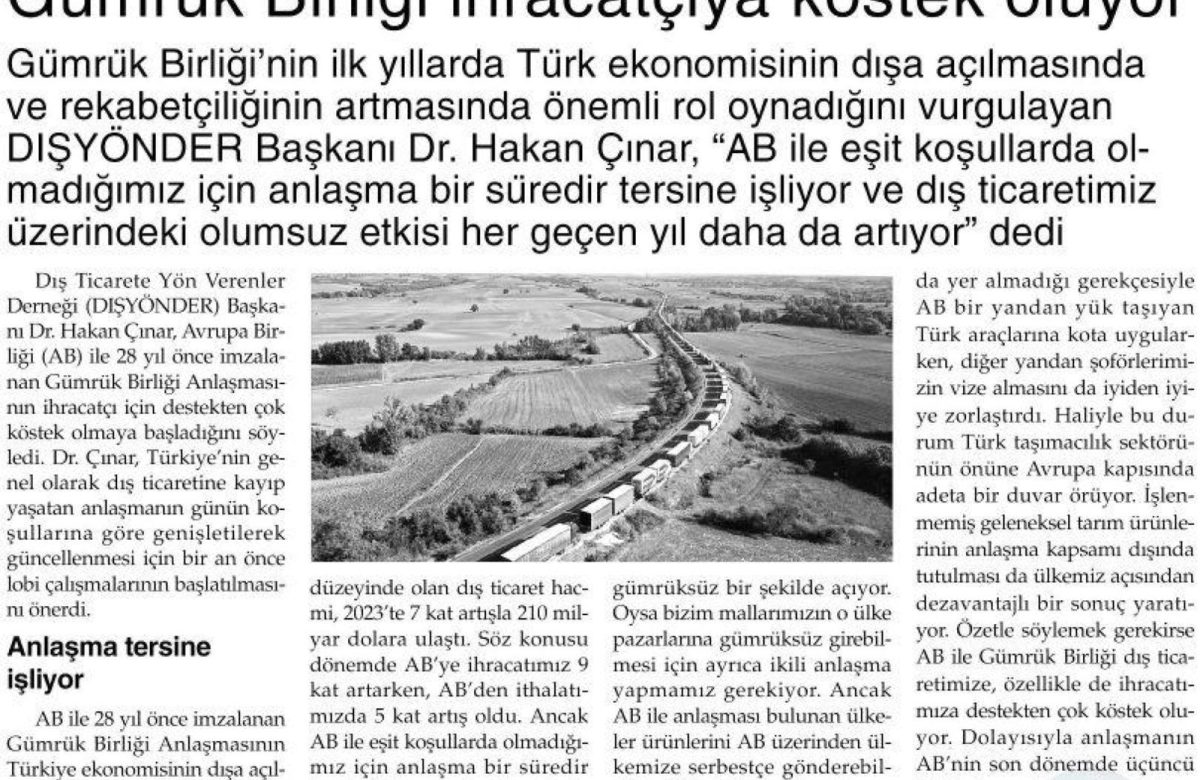 Dışyönder Yönetim Kurulu Başkanımız Dr. Hakan Çınar’ın basında çıkan demeçleri